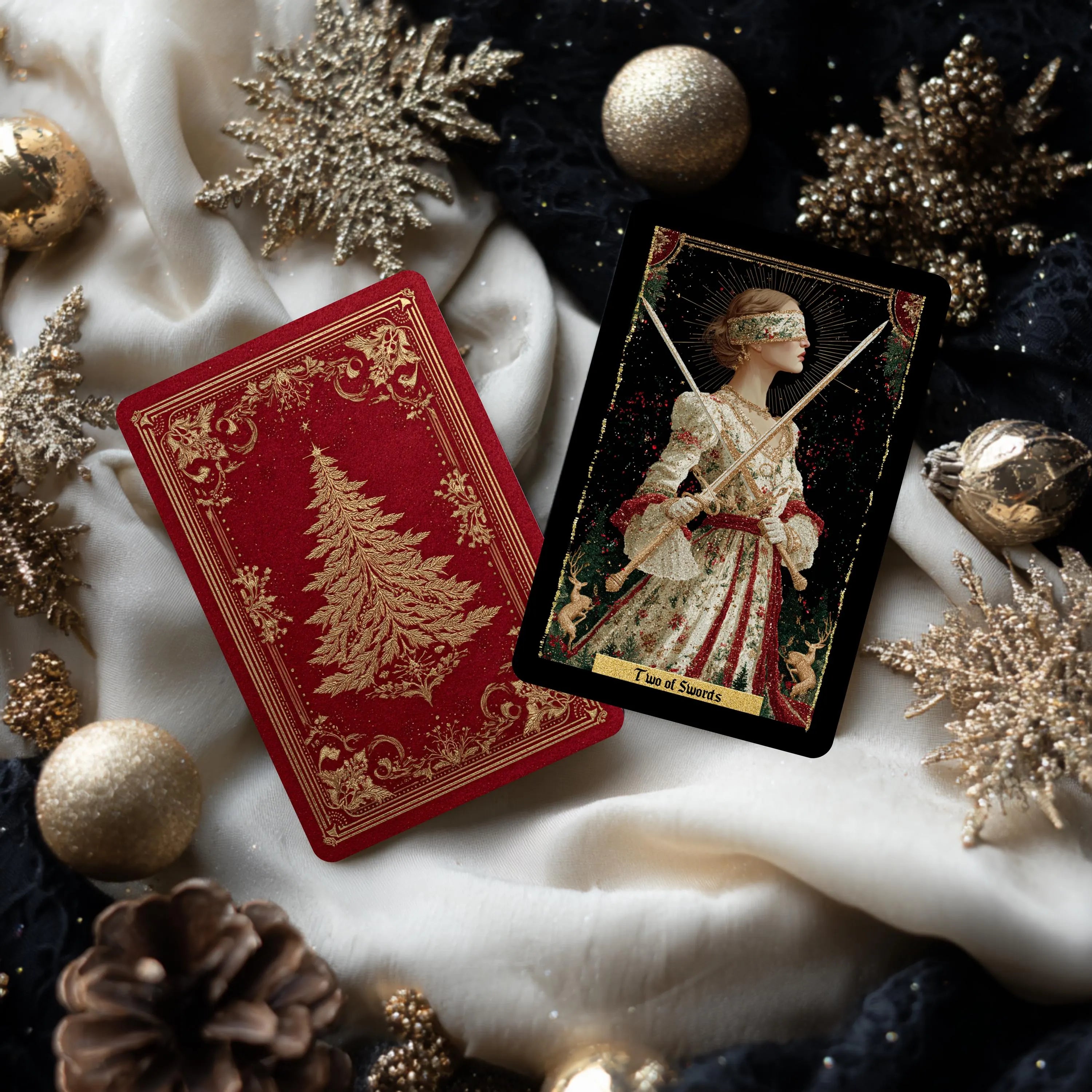 Royal Yule Tarot Deck, Vintage Red & Gold Christmas Cards