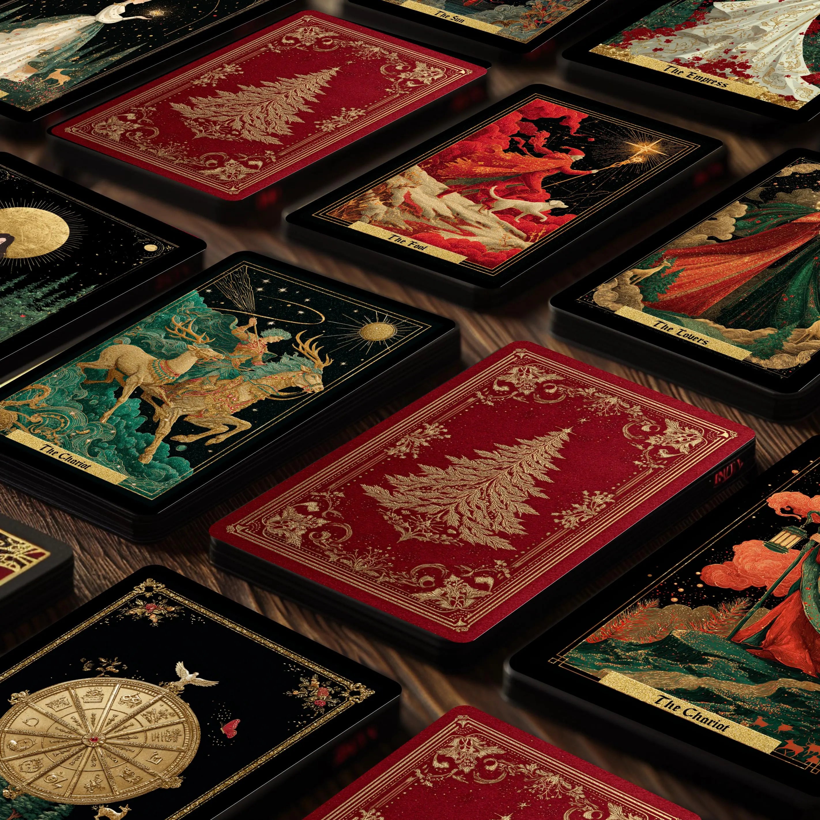 Royal Yule Tarot Deck, Vintage Red & Gold Christmas Cards
