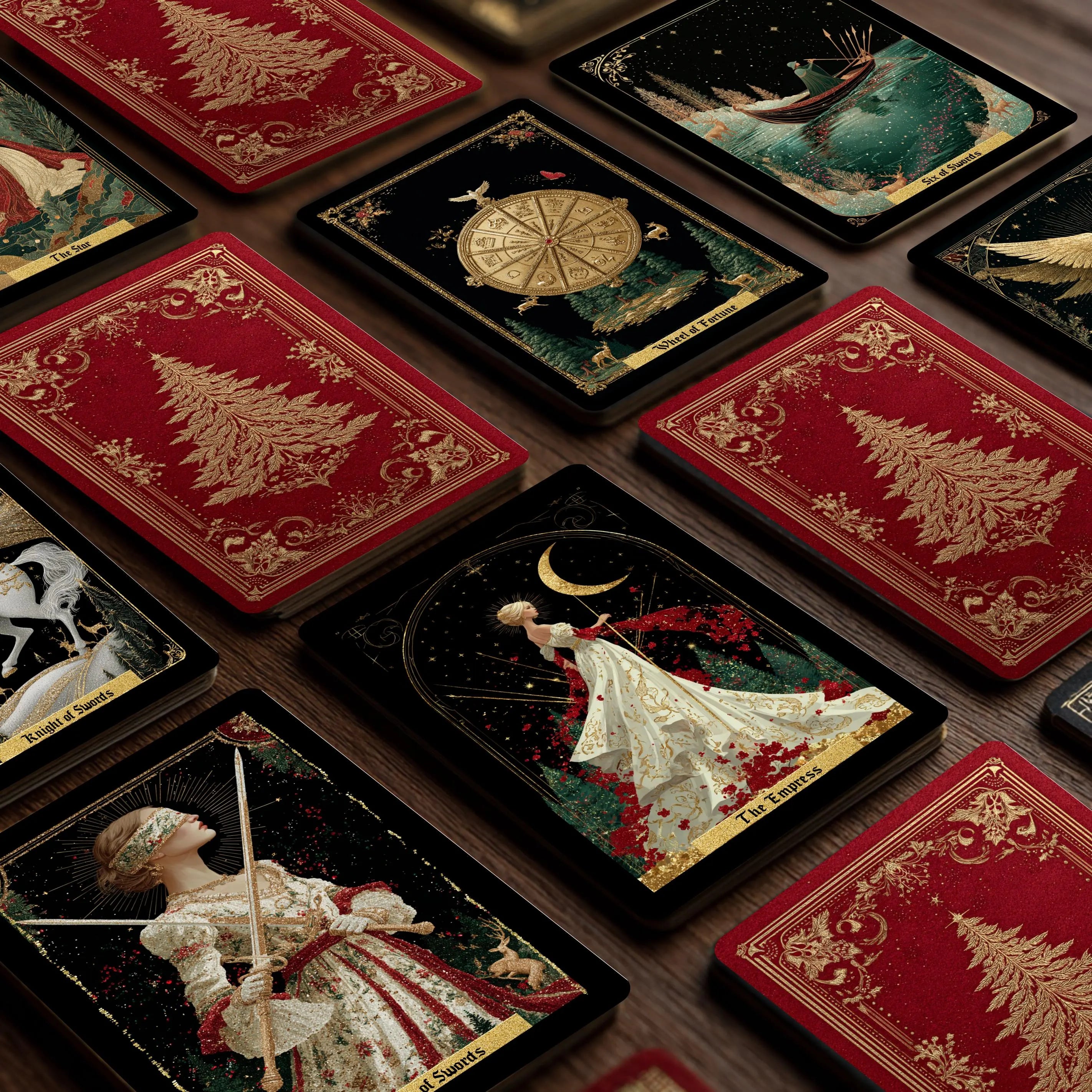 Royal Yule Tarot Deck, Vintage Red & Gold Christmas Cards