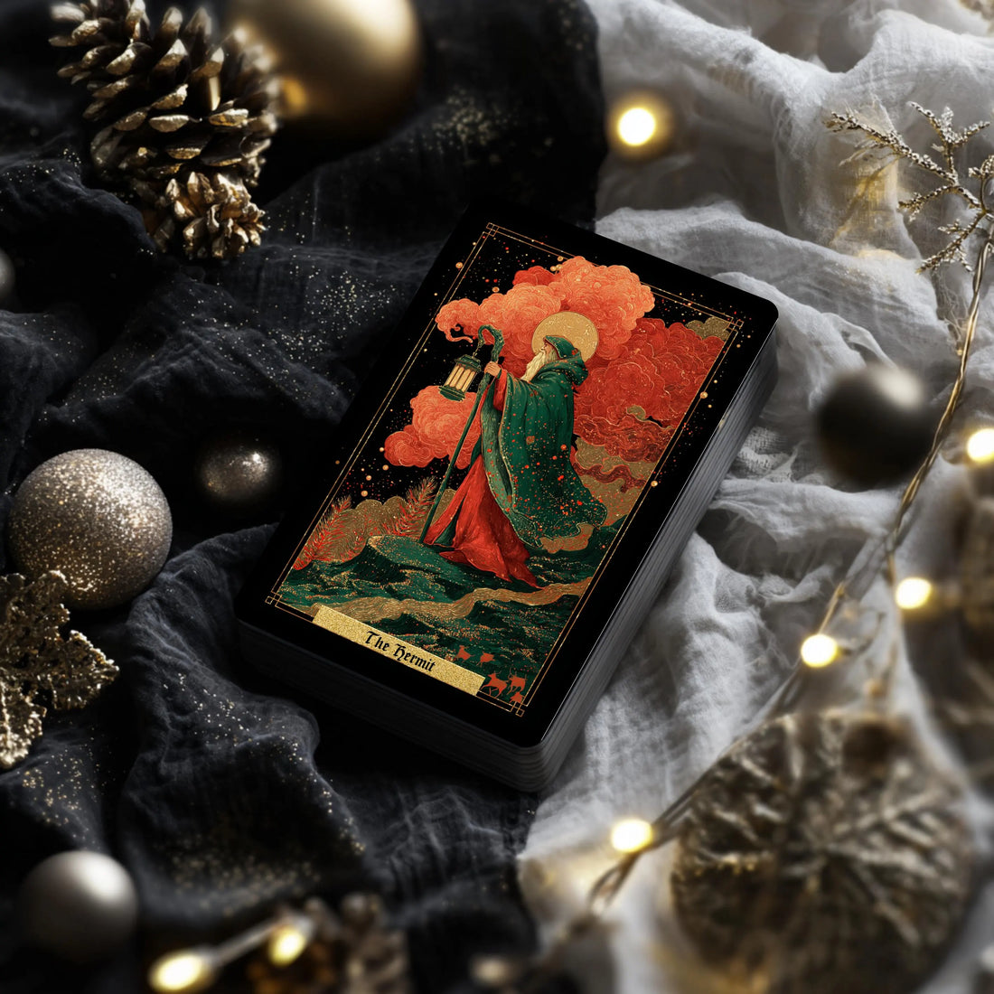 Royal Yule Tarot Deck, Vintage Red & Gold Christmas Cards