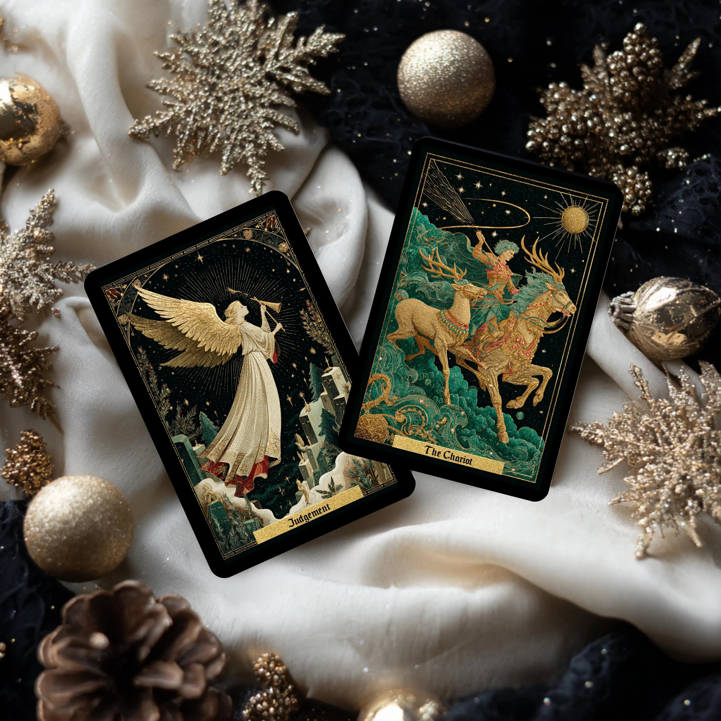 Royal Yule Tarot Deck, Vintage Red & Gold Christmas Cards
